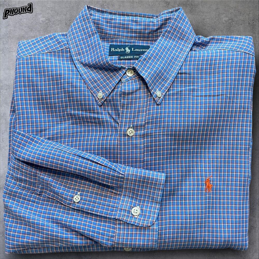 Ralph Lauren Shirt Mens XL Blue Orange Check Classic Fit Long Sleeve Button Down